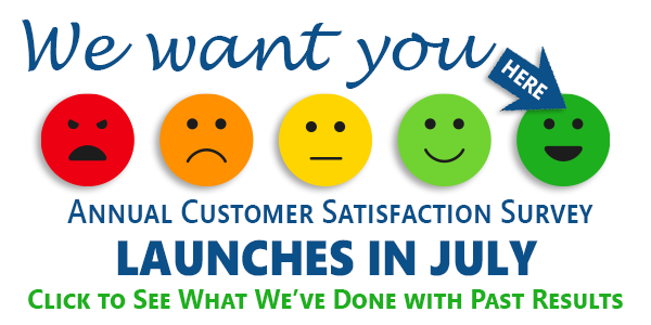We want you here pointing to the top of a 5-emoji scale. Annual Customer Satisfaction Survey launches in July. Click to see what we've done with past results.