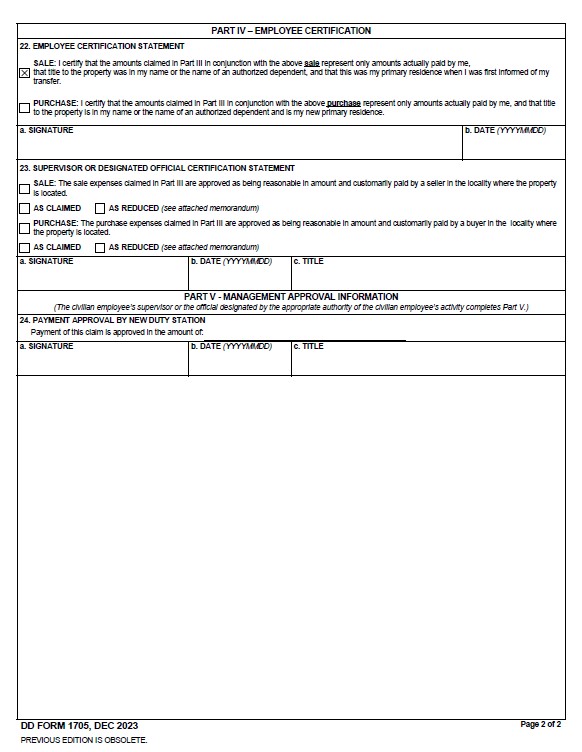 Real Estate Sale/Purchase Form 1705 filled out