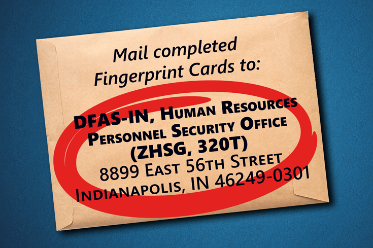 Mail completed Fingerprint Cards to: DFAS-IN Human Resources, Personnel Security Office (ZHSG, 320T), 8899 56th St, Indianapolis IN 46249-0301