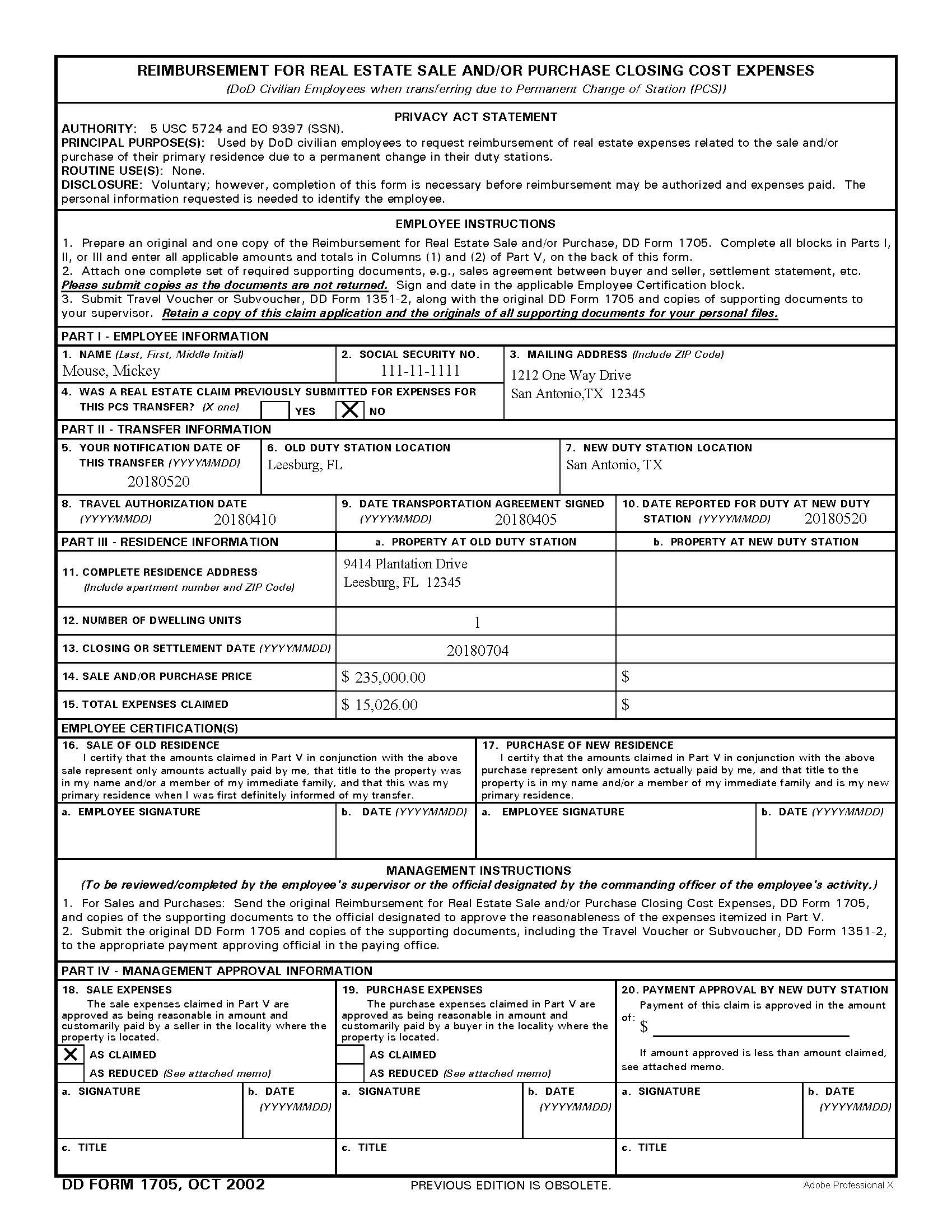 Real Estate Sale/Purchase Form 1705 filled out