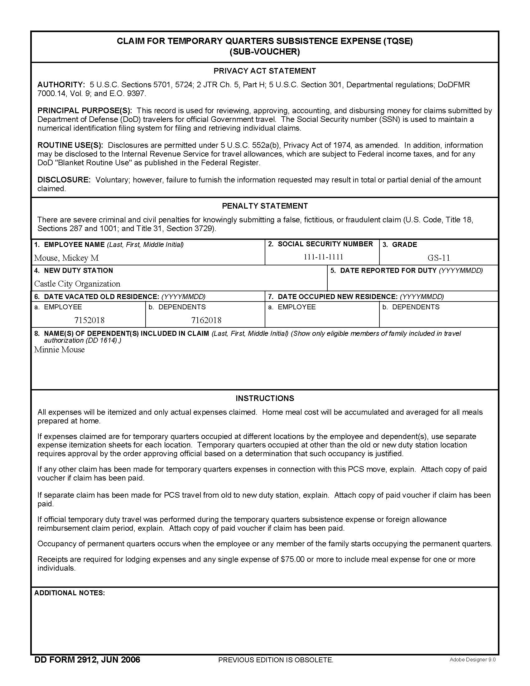 Temporary Quarters Subsistence Expense Sub-voucher filled out